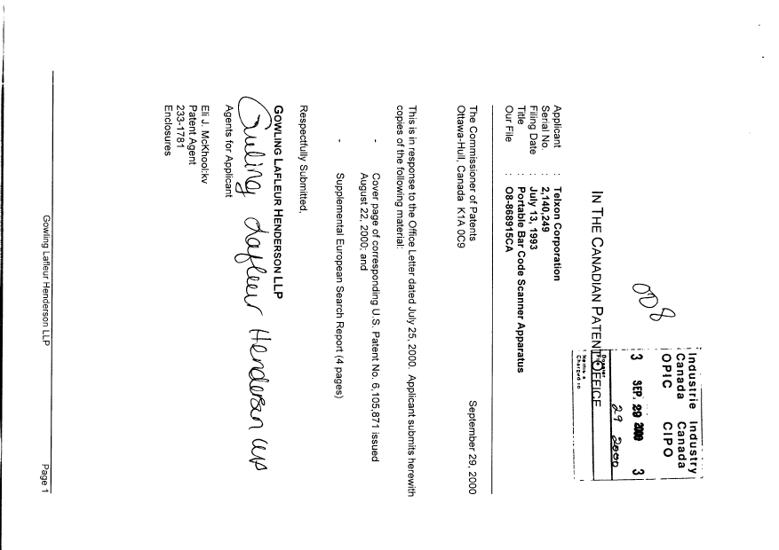 Document de brevet canadien 2140249. Poursuite-Amendment 20000929. Image 1 de 1
