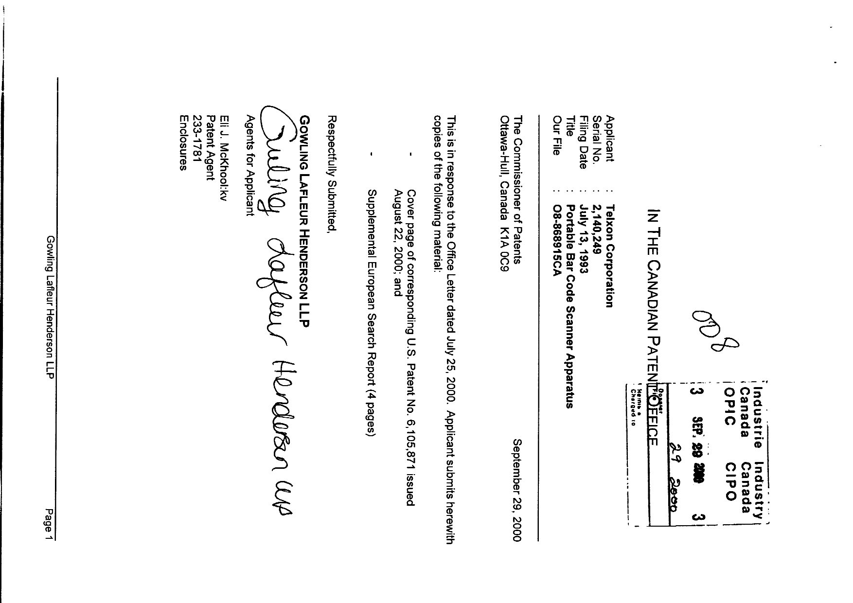 Canadian Patent Document 2140249. Prosecution-Amendment 20000929. Image 1 of 1
