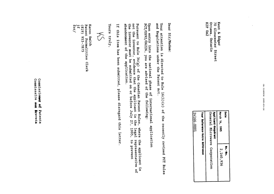 Document de brevet canadien 2140936. Lettre du bureau 19950314. Image 1 de 1