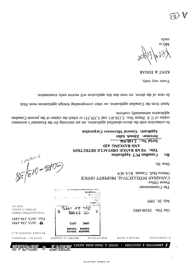 Canadian Patent Document 2140936. Prosecution Correspondence 19950720. Image 1 of 1