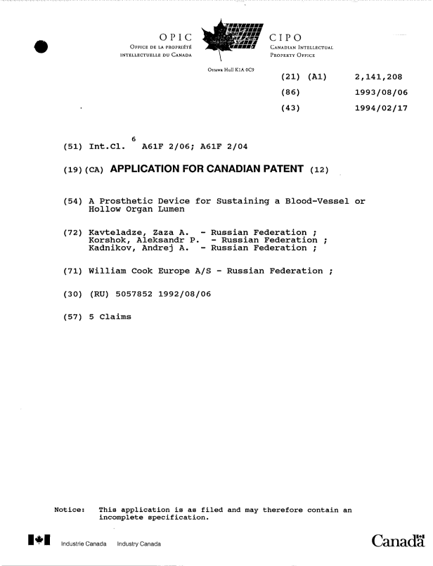 Document de brevet canadien 2141208. Page couverture 19950919. Image 1 de 1