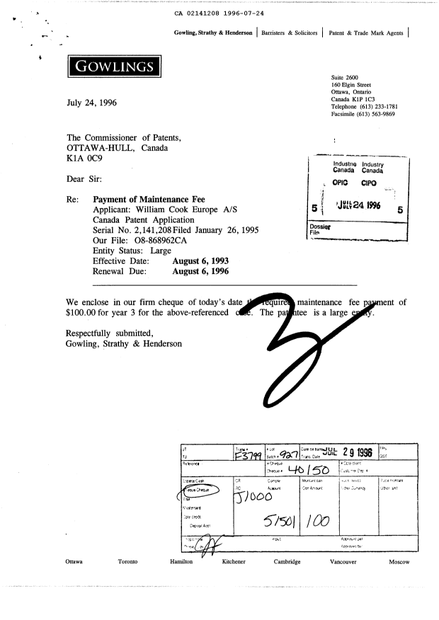 Document de brevet canadien 2141208. Taxes 19960724. Image 1 de 1