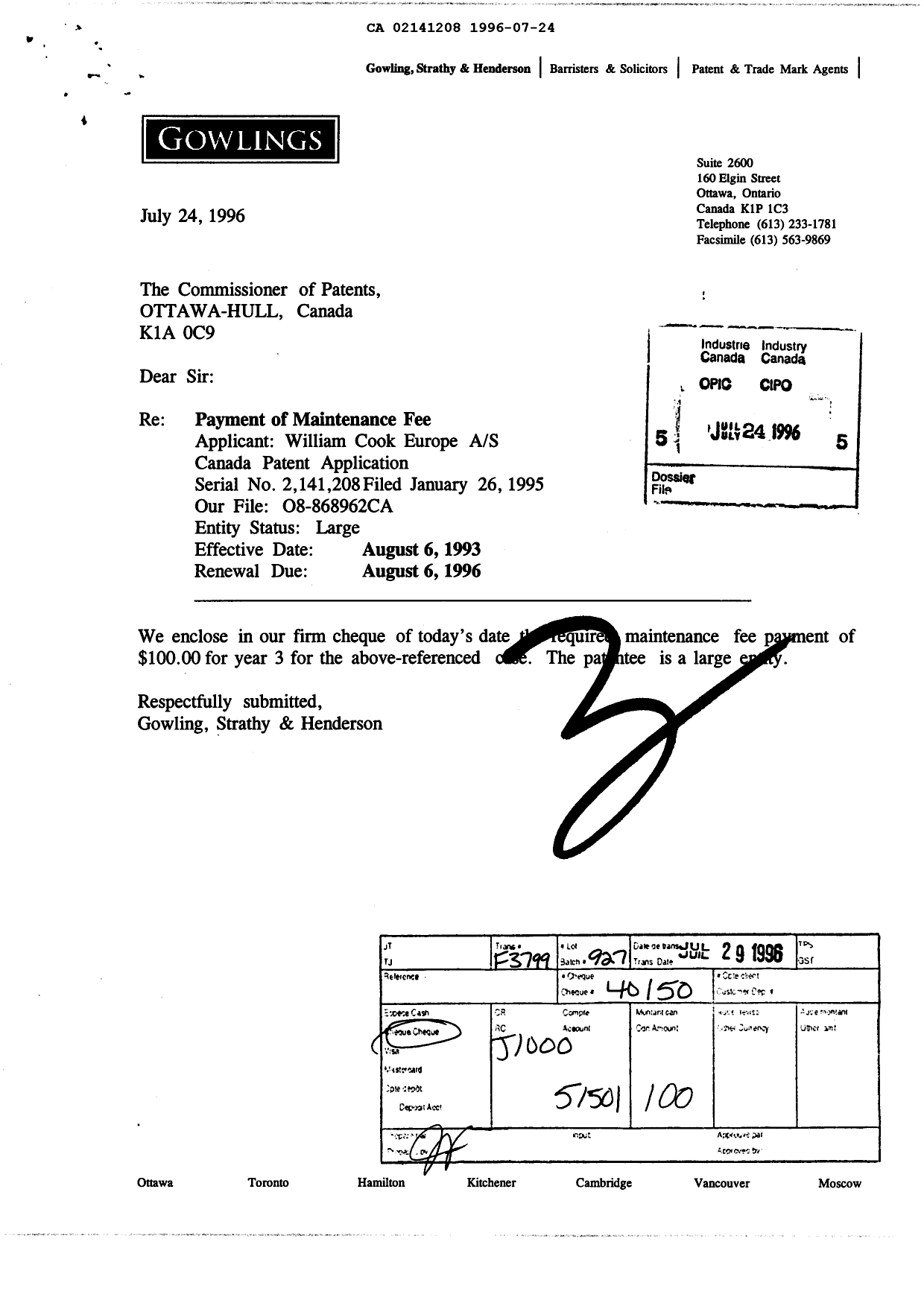 Canadian Patent Document 2141208. Fees 19960724. Image 1 of 1
