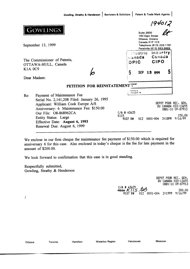 Canadian Patent Document 2141208. Fees 19990913. Image 1 of 1