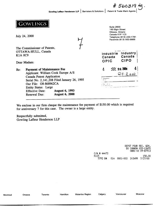 Document de brevet canadien 2141208. Taxes 20000724. Image 1 de 1