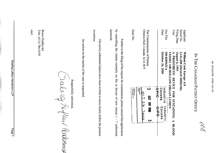 Canadian Patent Document 2141208. Prosecution-Amendment 20001026. Image 1 of 3