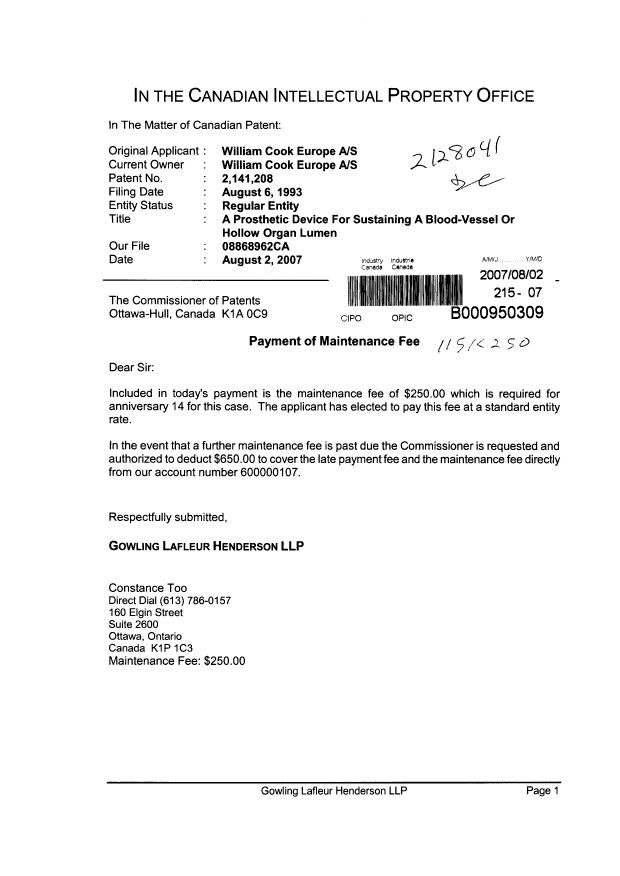 Canadian Patent Document 2141208. Fees 20070802. Image 1 of 1