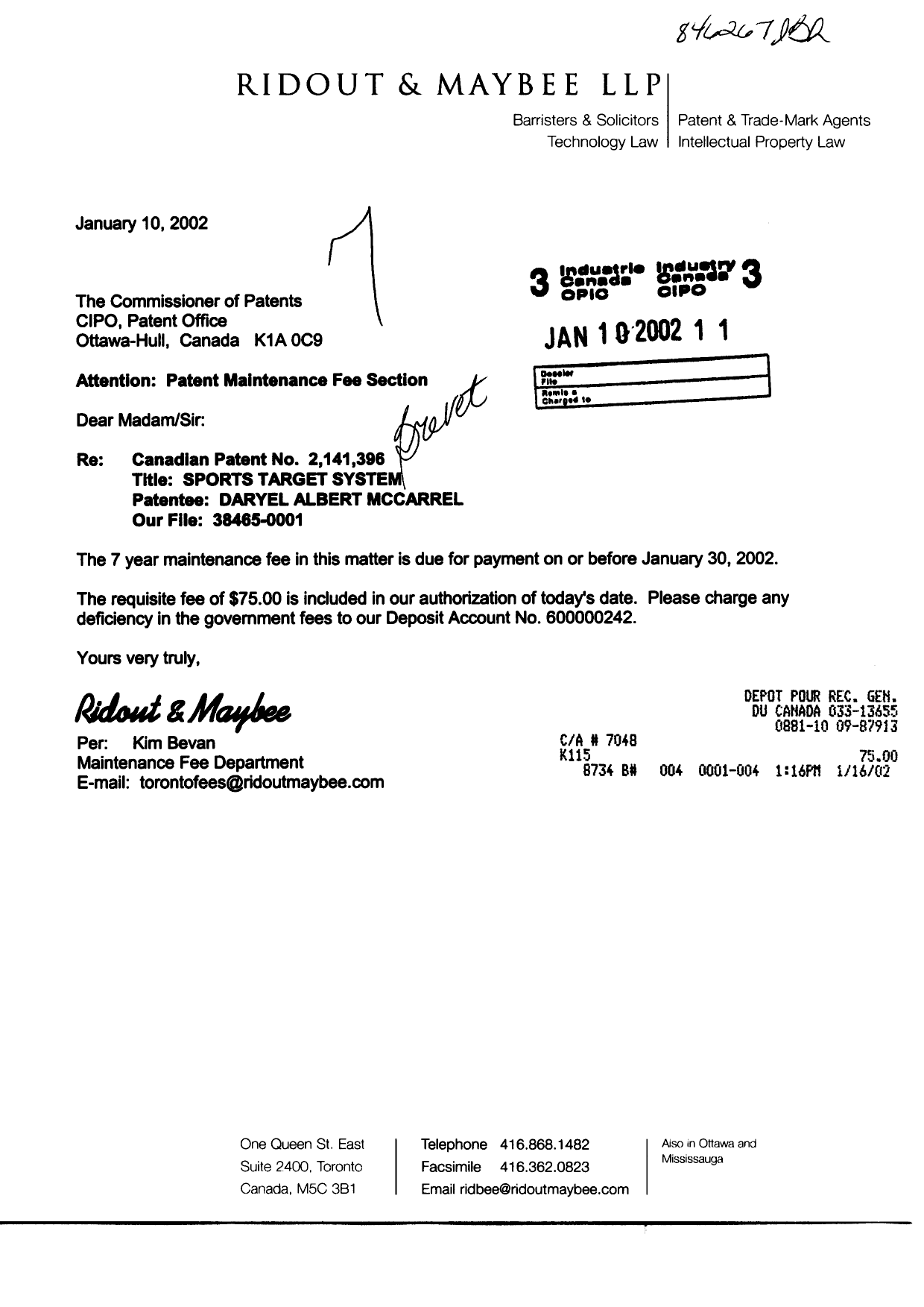 Document de brevet canadien 2141396. Taxes 20020110. Image 1 de 1