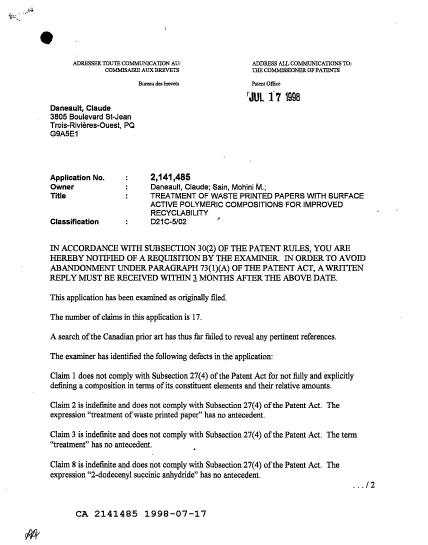 Document de brevet canadien 2141485. Demande d'examen 19980717. Image 1 de 2