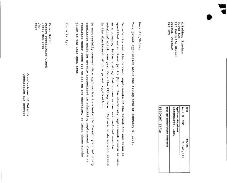 Document de brevet canadien 2141911. Correspondance 19941222. Image 1 de 31