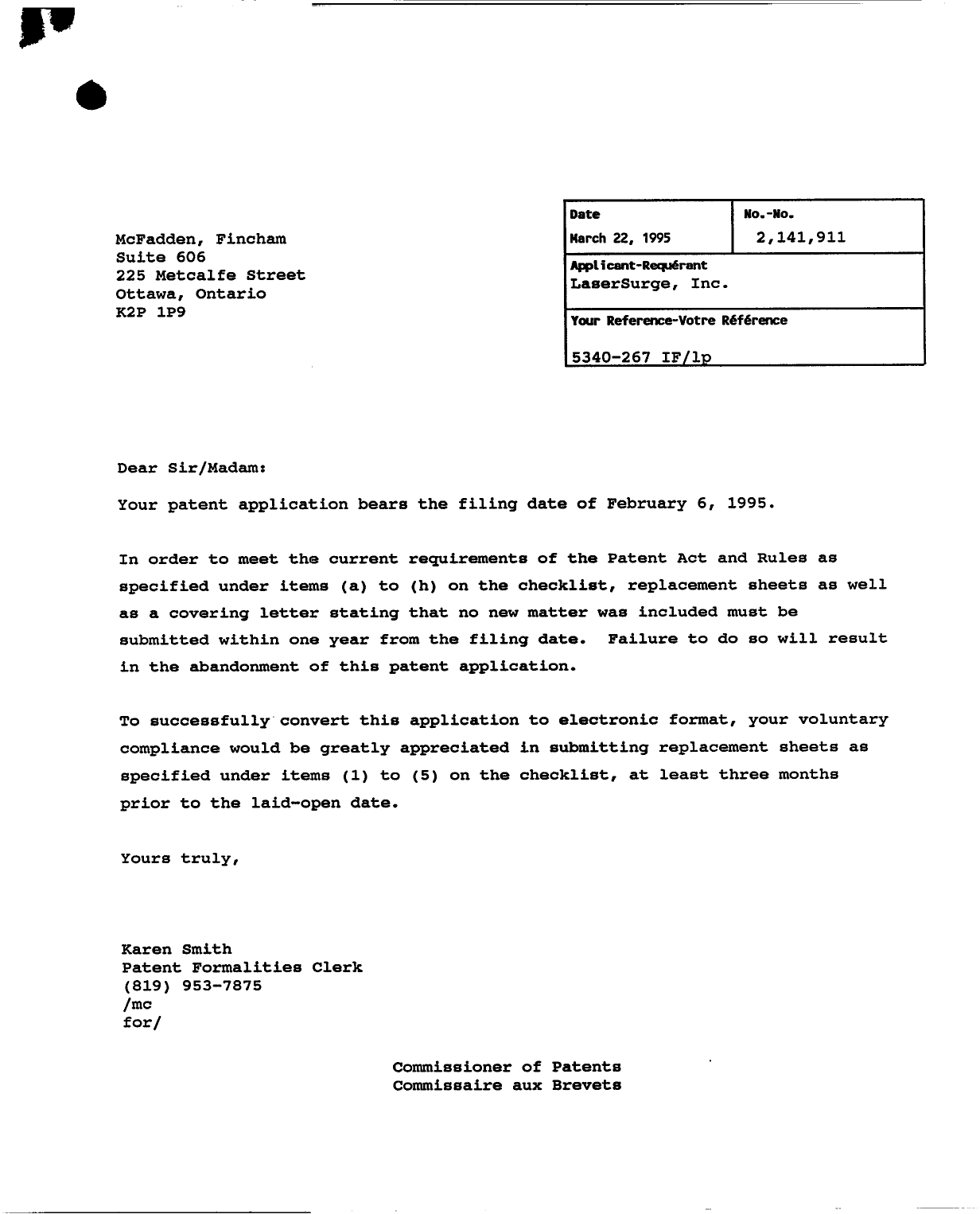 Canadian Patent Document 2141911. Correspondence 19941222. Image 1 of 31