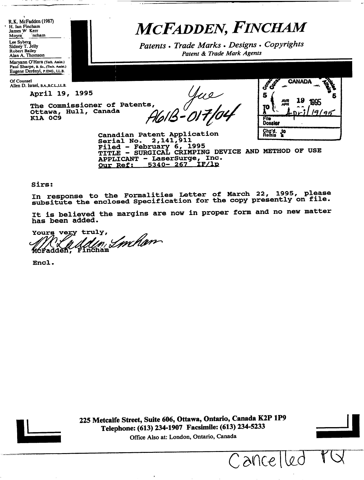 Document de brevet canadien 2141911. Correspondance 19941222. Image 3 de 31