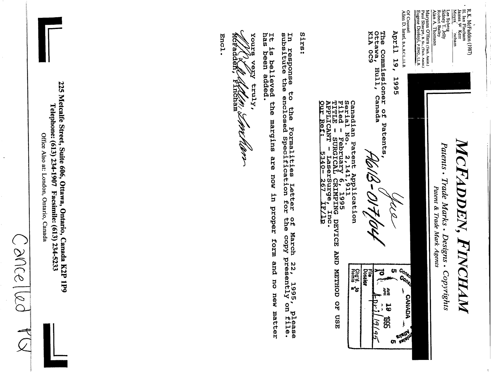 Canadian Patent Document 2141911. Correspondence 19941222. Image 3 of 31