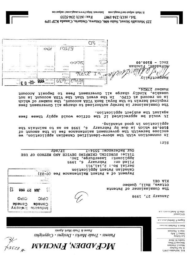 Canadian Patent Document 2141911. Fees 19971227. Image 1 of 1