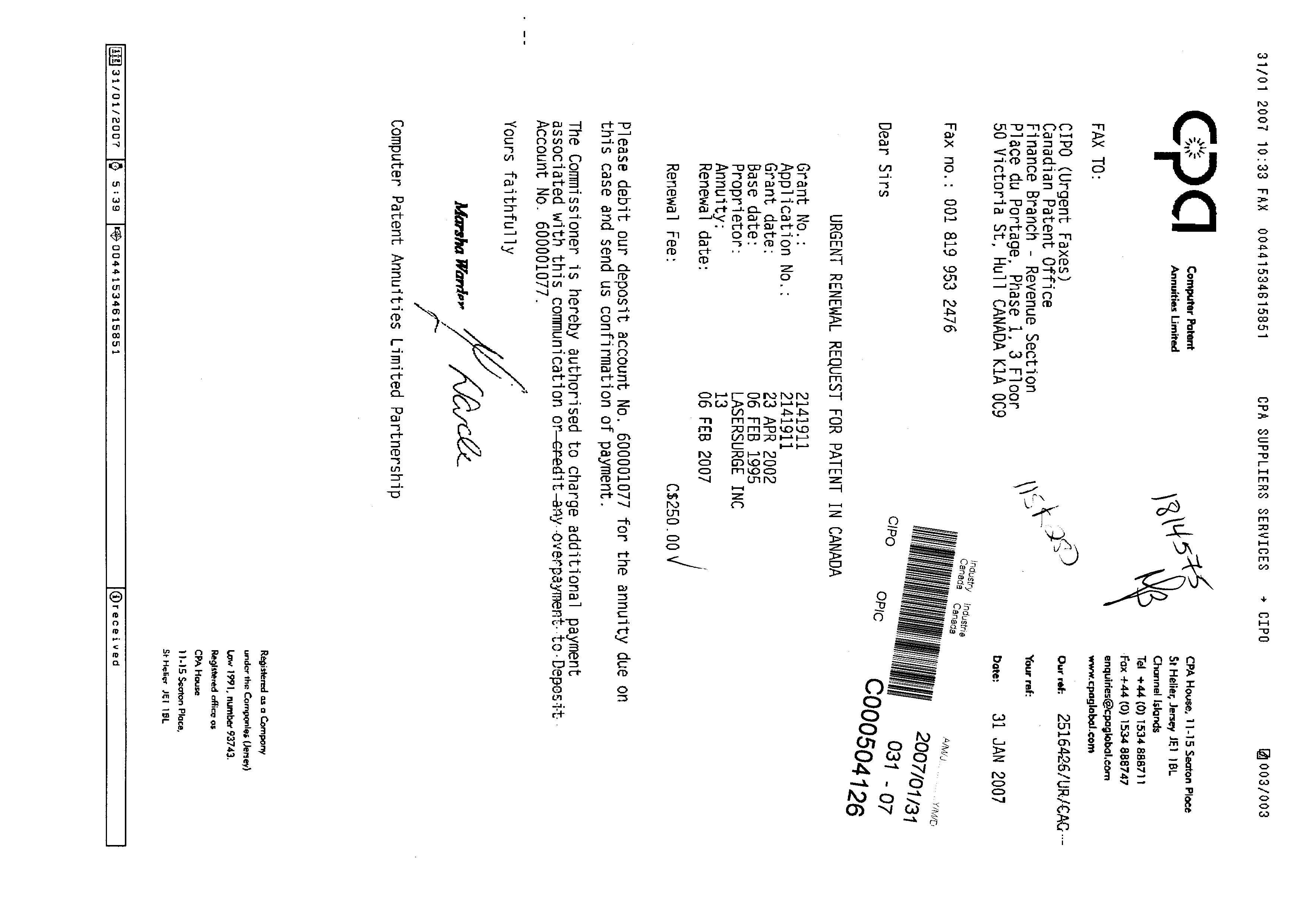 Document de brevet canadien 2141911. Taxes 20061231. Image 1 de 1