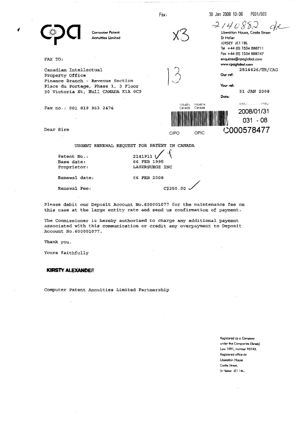 Canadian Patent Document 2141911. Fees 20071231. Image 1 of 1