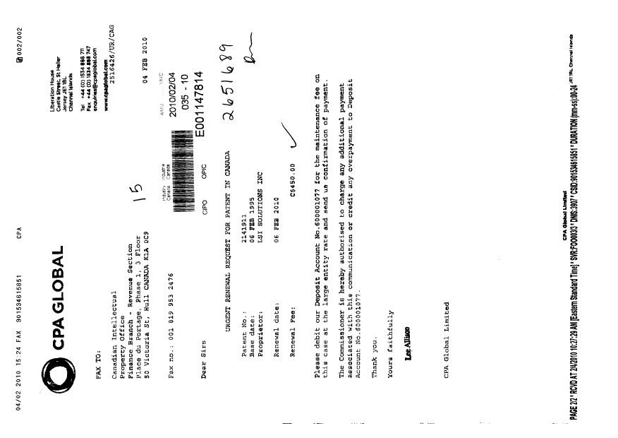 Canadian Patent Document 2141911. Fees 20091204. Image 1 of 1
