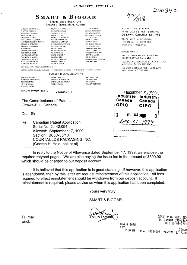 Document de brevet canadien 2142094. Correspondance 19991231. Image 1 de 9