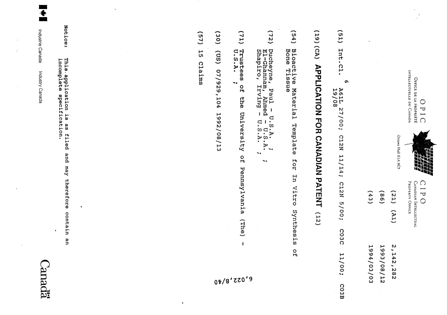 Document de brevet canadien 2142282. Page couverture 19941216. Image 1 de 1
