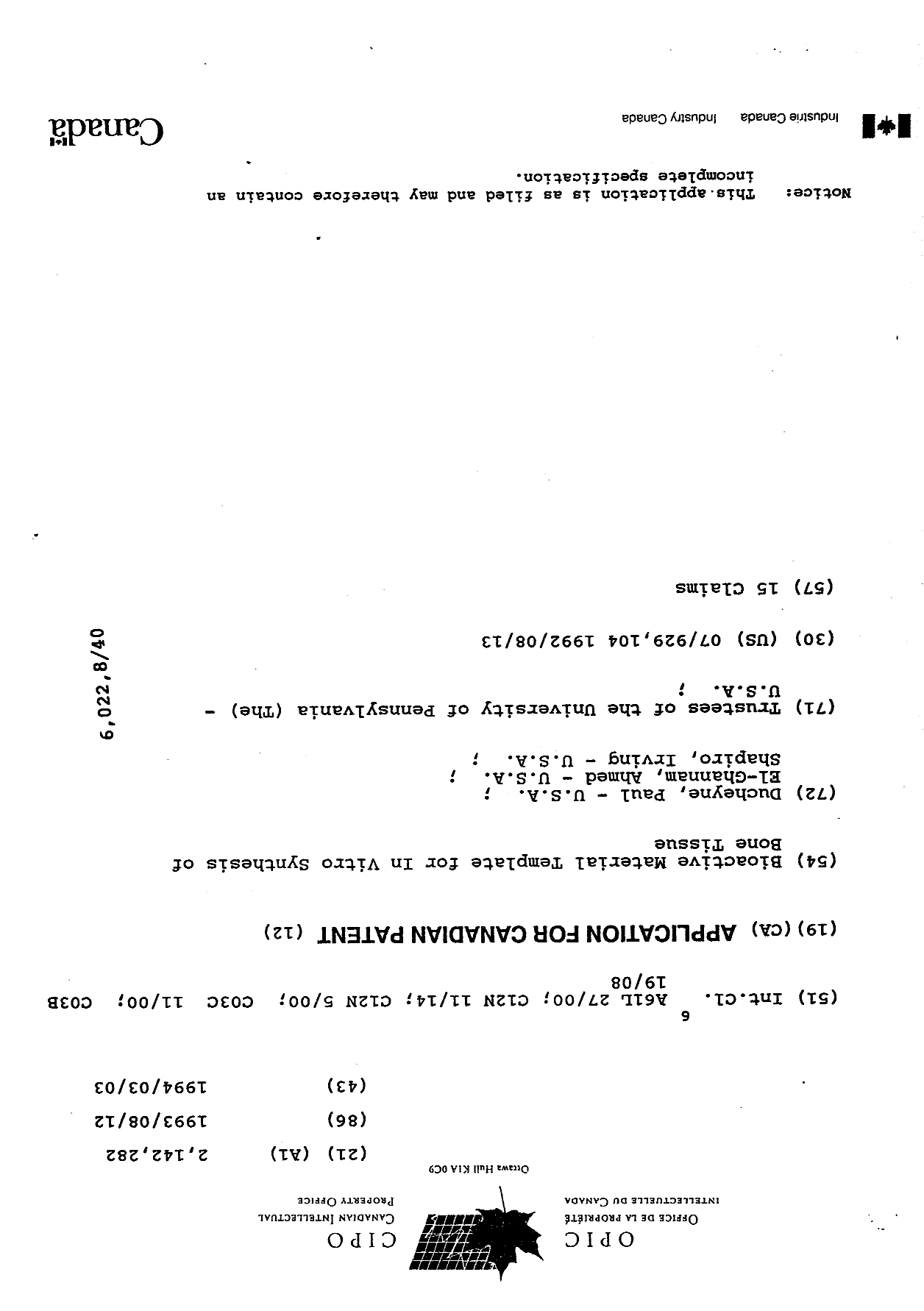 Canadian Patent Document 2142282. Cover Page 19941216. Image 1 of 1