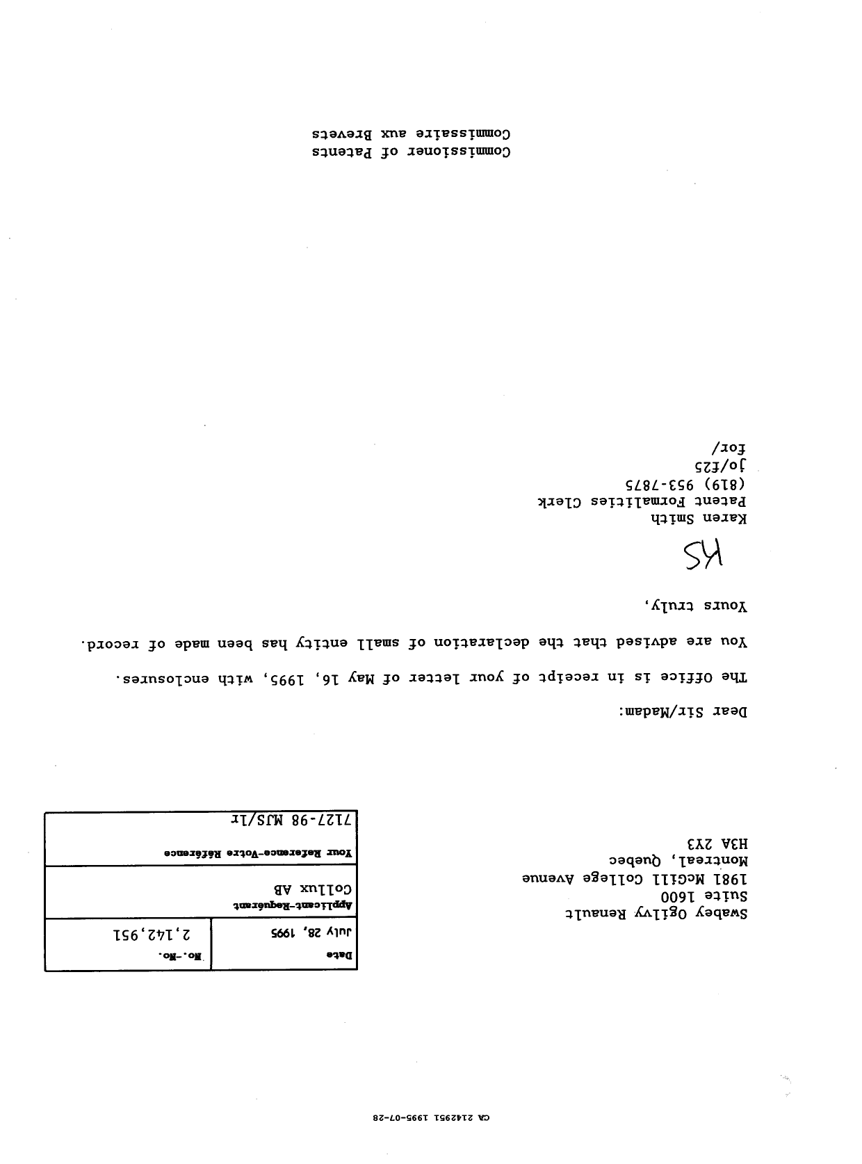 Document de brevet canadien 2142951. Correspondance 19941228. Image 1 de 1