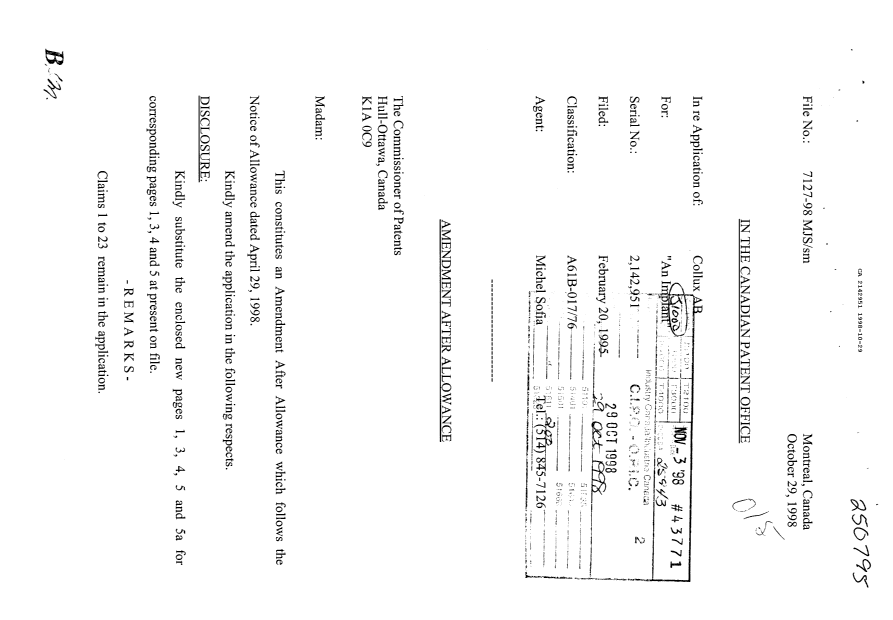 Document de brevet canadien 2142951. Poursuite-Amendment 19971229. Image 1 de 4