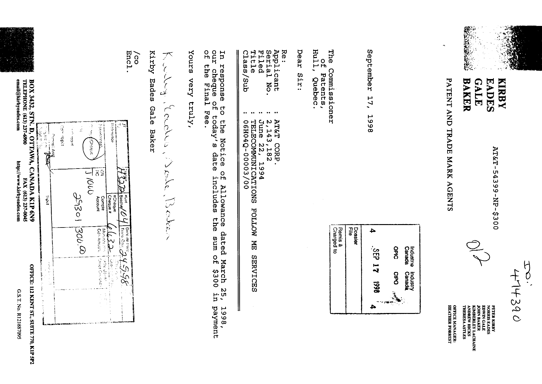 Document de brevet canadien 2143182. Correspondance 19971217. Image 1 de 1