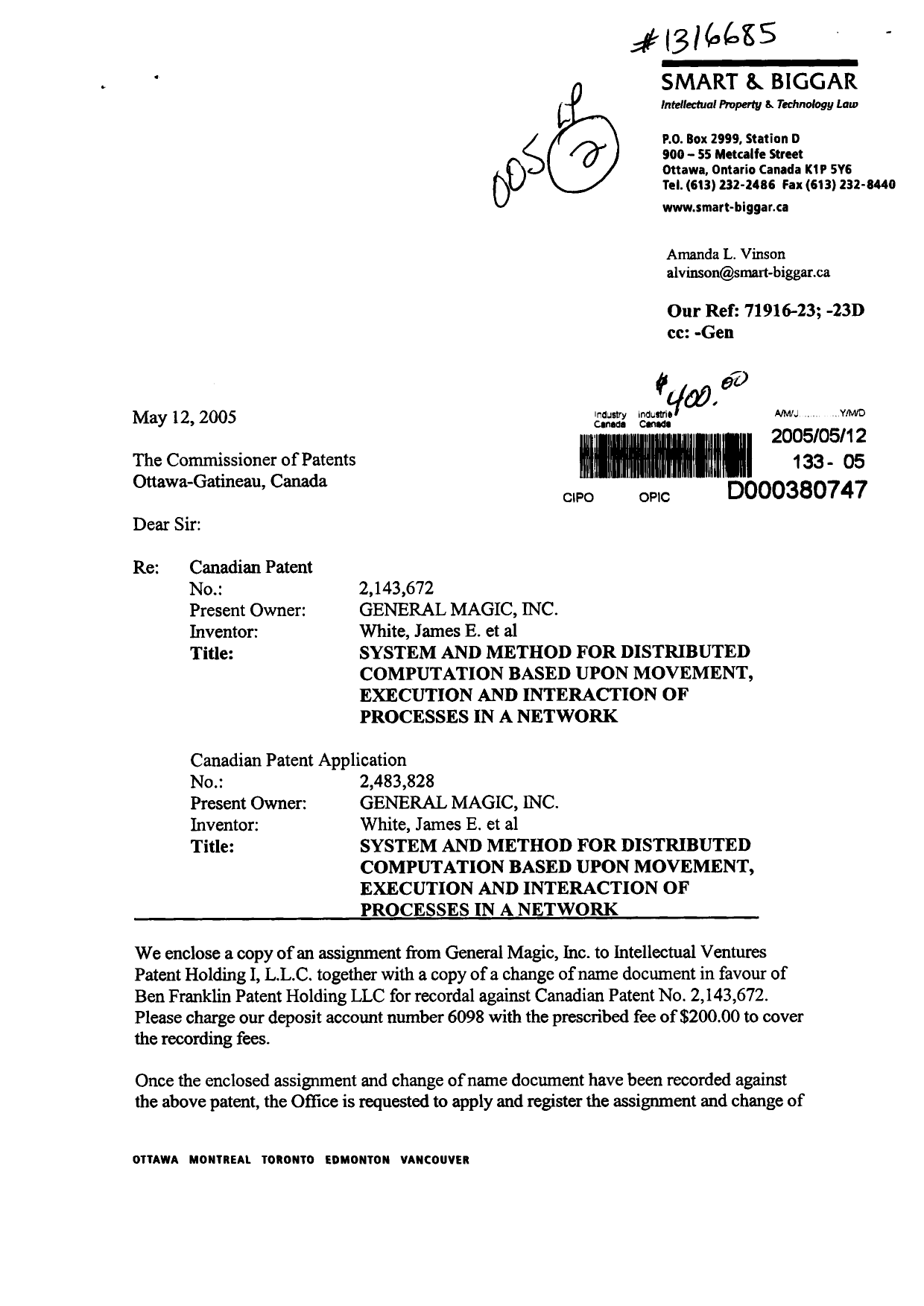 Document de brevet canadien 2143672. Cession 20050512. Image 1 de 9