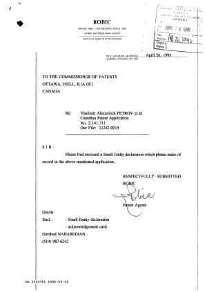Document de brevet canadien 2143711. Correspondance reliée au PCT 19950426. Image 1 de 2