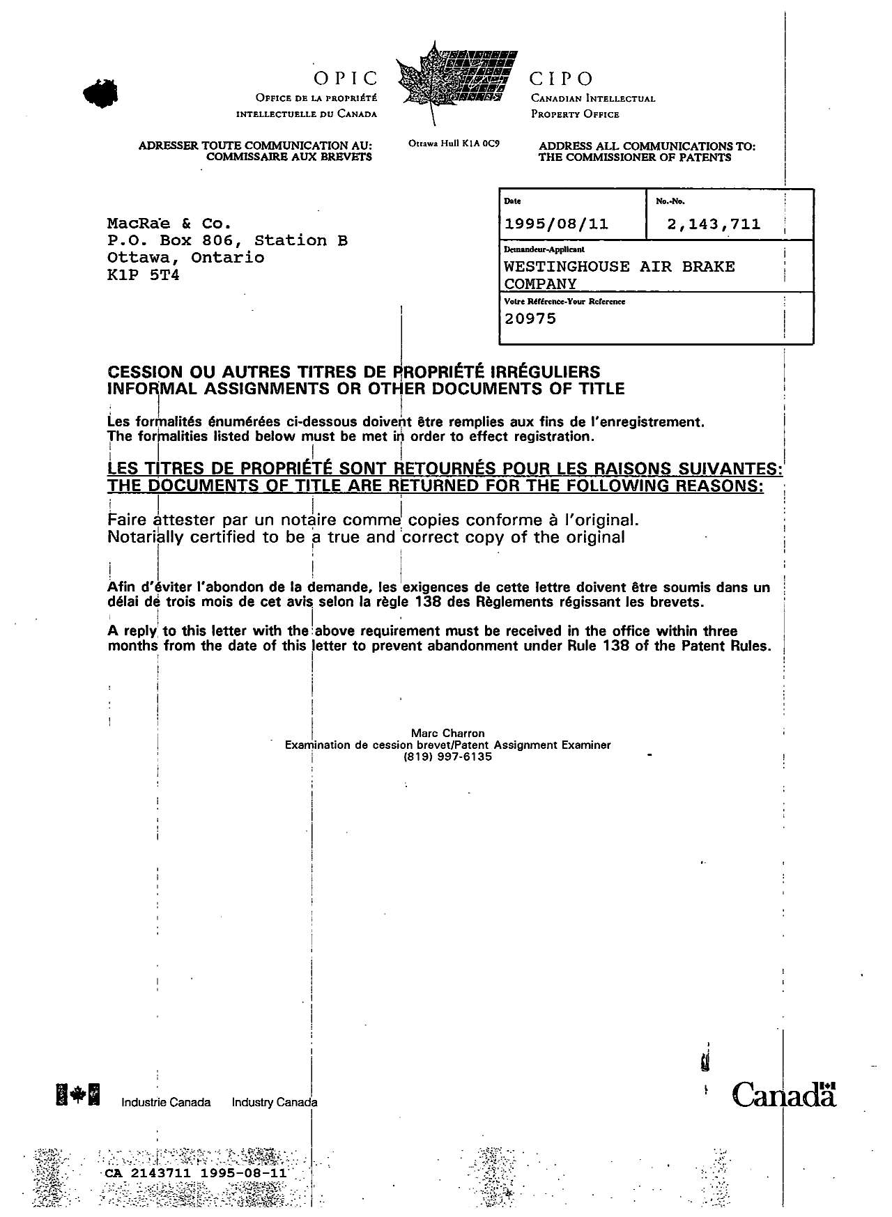 Document de brevet canadien 2143711. Lettre du bureau 19950811. Image 1 de 1