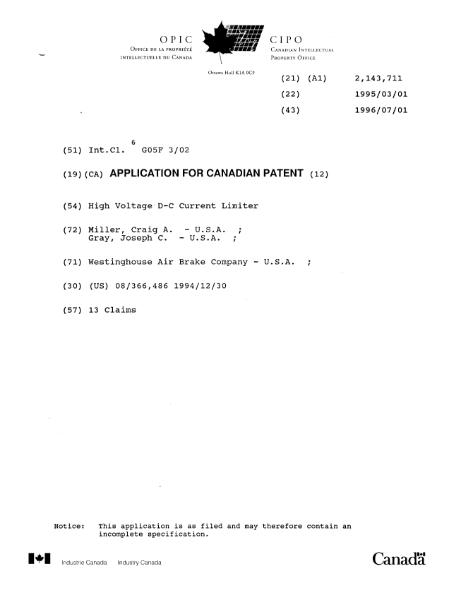 Canadian Patent Document 2143711. Cover Page 19960820. Image 1 of 1