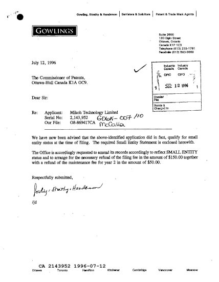 Canadian Patent Document 2143952. PCT Correspondence 19960712. Image 1 of 2