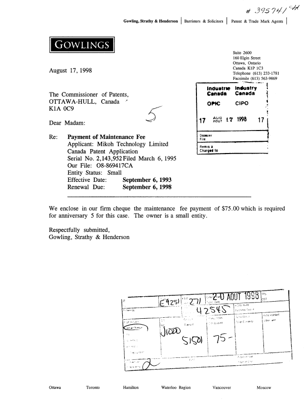 Canadian Patent Document 2143952. Fees 19980817. Image 1 of 1