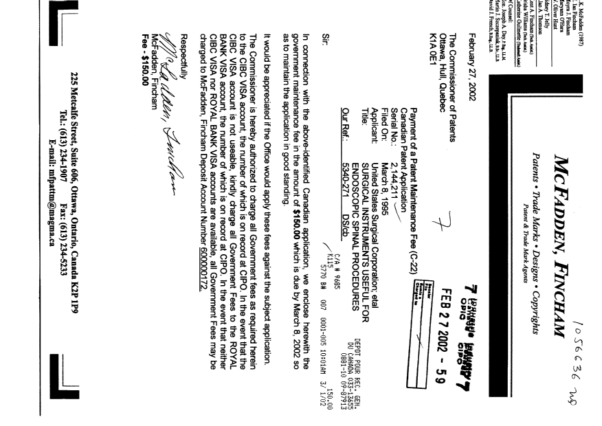 Document de brevet canadien 2144211. Taxes 20020227. Image 1 de 1