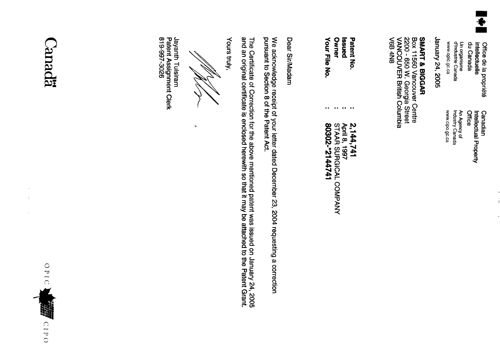 Canadian Patent Document 2144741. Prosecution-Amendment 20050124. Image 1 of 2