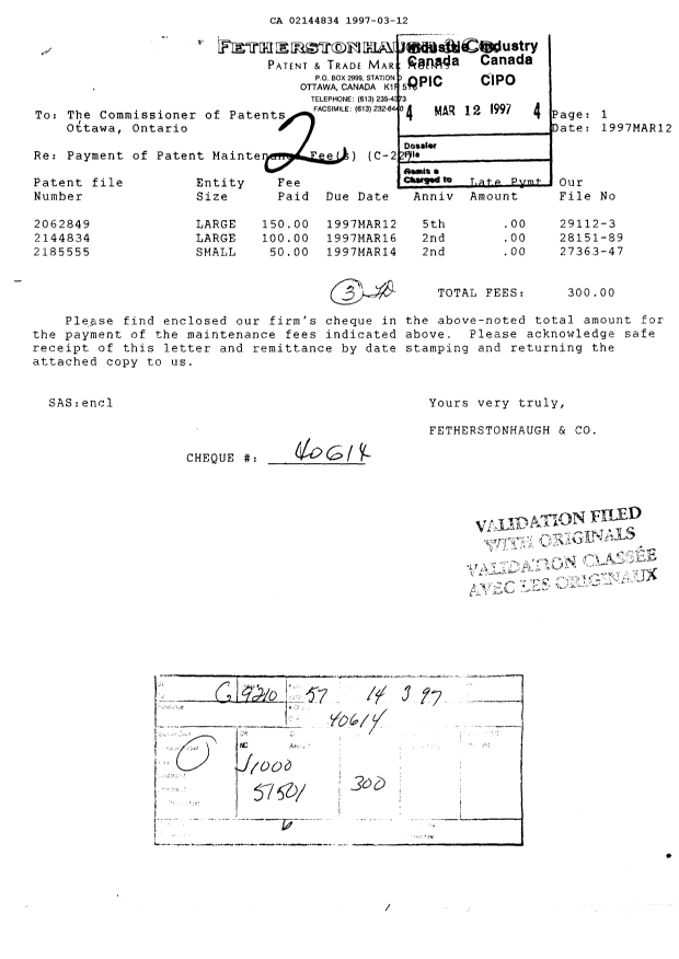 Document de brevet canadien 2144834. Taxes 19970312. Image 1 de 1