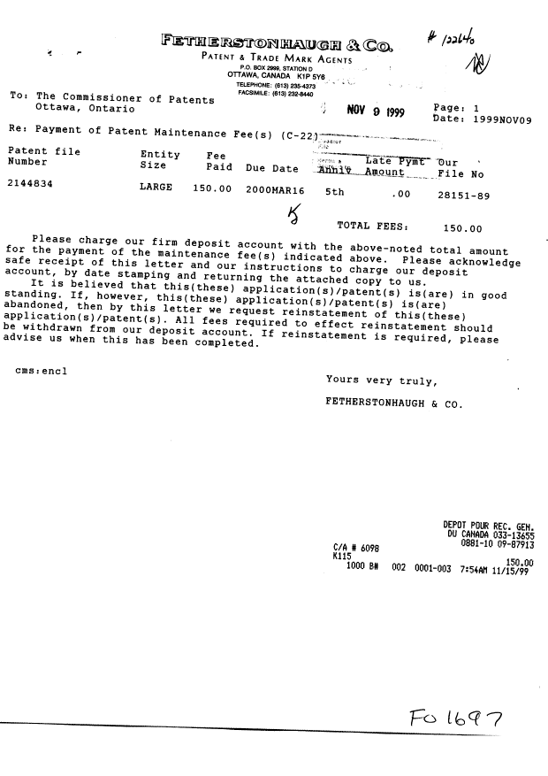Document de brevet canadien 2144834. Taxes 19991109. Image 1 de 1