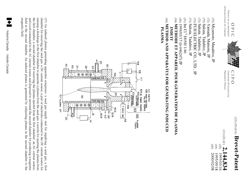 Canadian Patent Document 2144834. Cover Page 20000124. Image 1 of 1