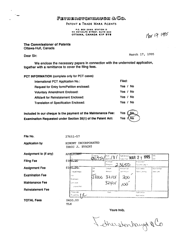 Document de brevet canadien 2144934. Cession 19950317. Image 1 de 7