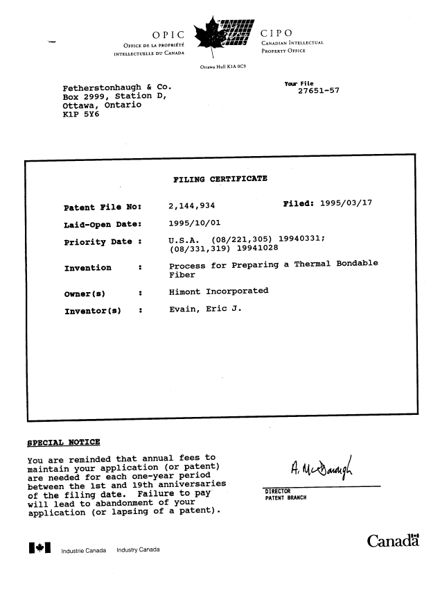 Canadian Patent Document 2144934. Assignment 19950317. Image 7 of 7