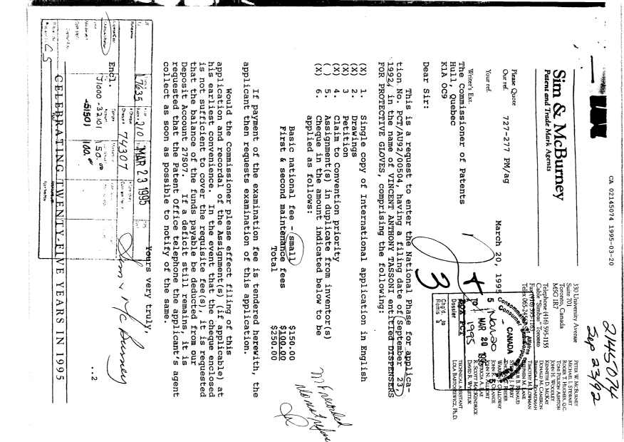 Document de brevet canadien 2145074. Taxes 19950320. Image 1 de 1