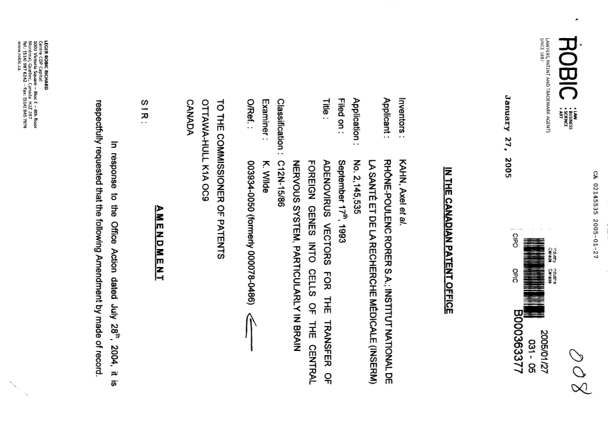 Canadian Patent Document 2145535. Prosecution-Amendment 20050127. Image 1 of 24