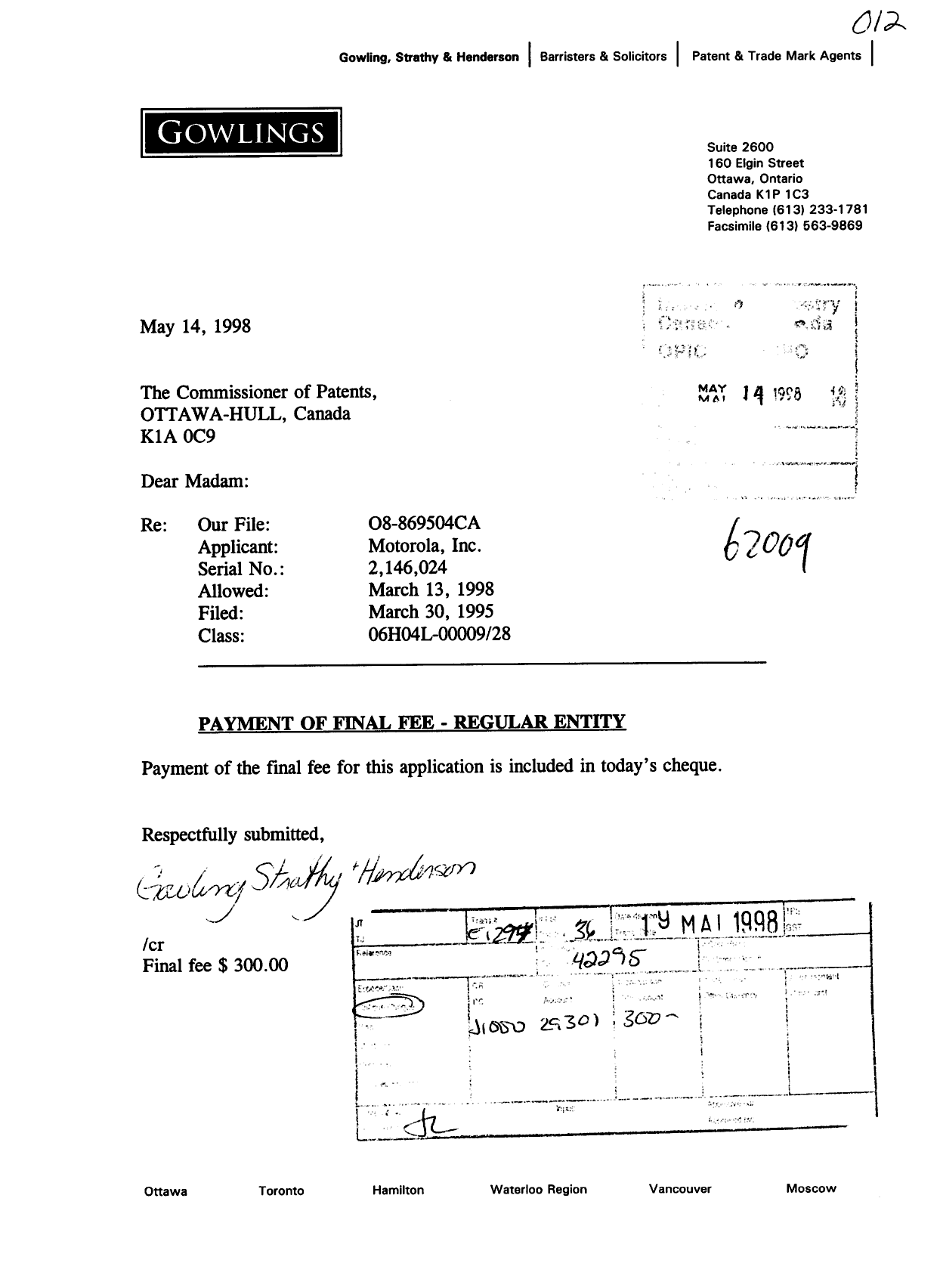 Document de brevet canadien 2146024. Correspondance 19980514. Image 1 de 1