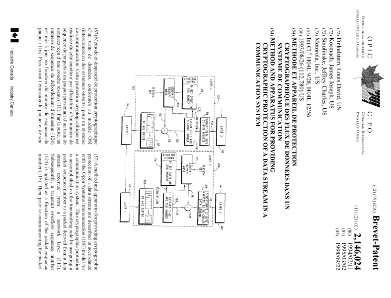 Document de brevet canadien 2146024. Page couverture 19980831. Image 1 de 2