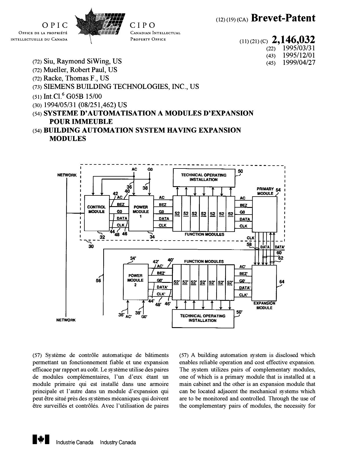 Document de brevet canadien 2146032. Page couverture 19990420. Image 1 de 2