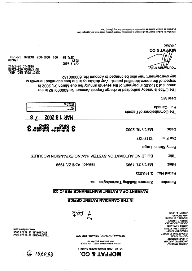 Canadian Patent Document 2146032. Fees 20020318. Image 1 of 1