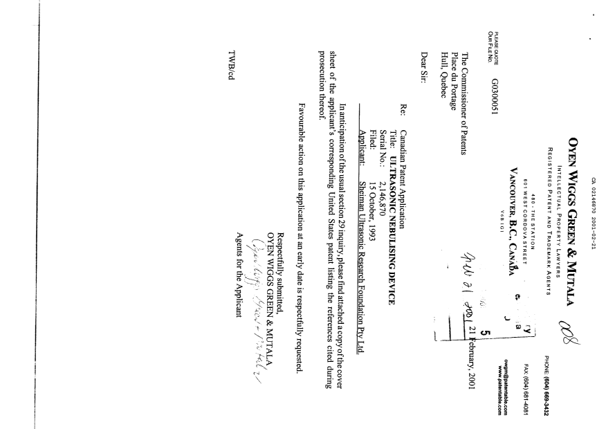 Canadian Patent Document 2146870. Prosecution-Amendment 20010221. Image 1 of 2