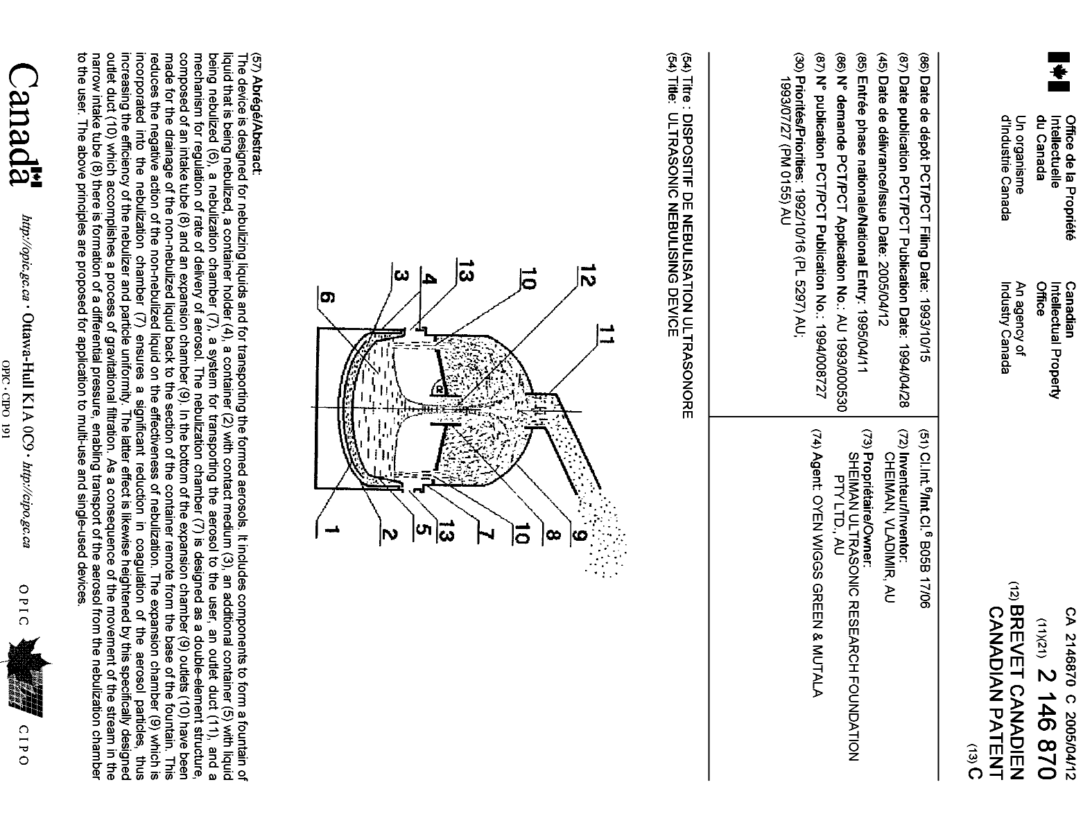 Canadian Patent Document 2146870. Cover Page 20050310. Image 1 of 1