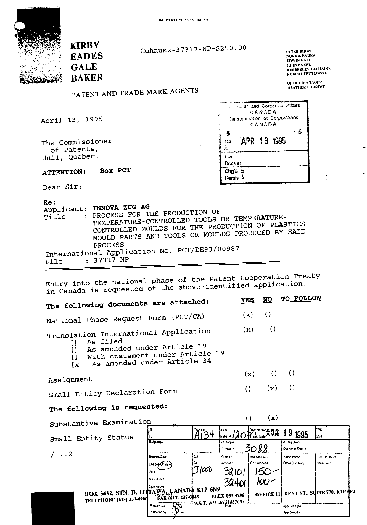 Document de brevet canadien 2147177. Demande d'entrée en phase nationale 19950413. Image 1 de 5