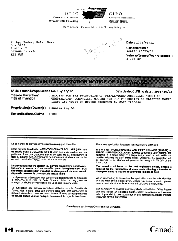 Canadian Patent Document 2147177. Prosecution Correspondence 19950413. Image 3 of 8
